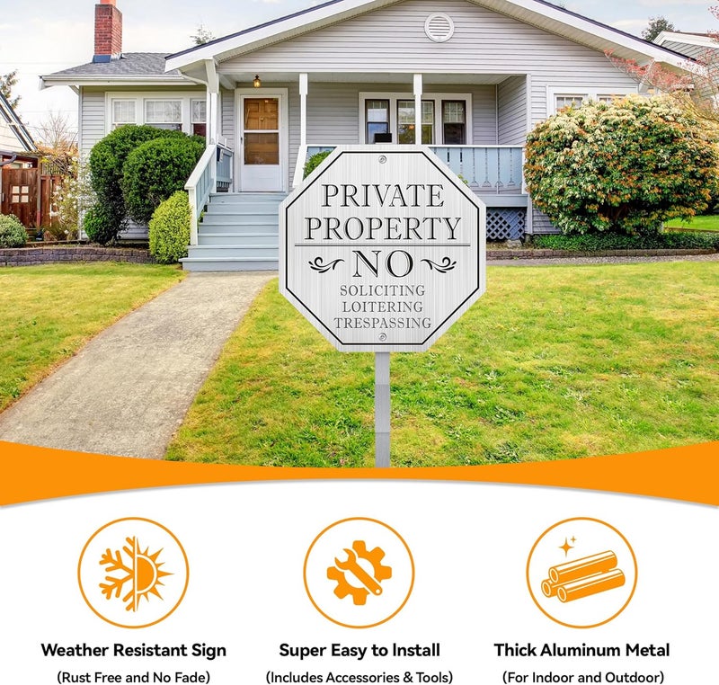 MongFun No Trespassing Signs Private Property, No Soliciting Sign for House, 10 x 10 Inches No Loitering Aluminum Metal Signs with 28 Inches Long Stakes for Outdoor Yard (Brushed Silver /Black, 10 x 10 inches) - Image 2